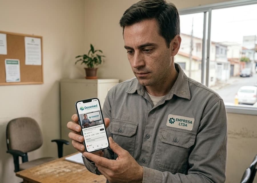 Colaborador de uniforme acessando a plataforma Dozemed pelo celular no escritório da empresa